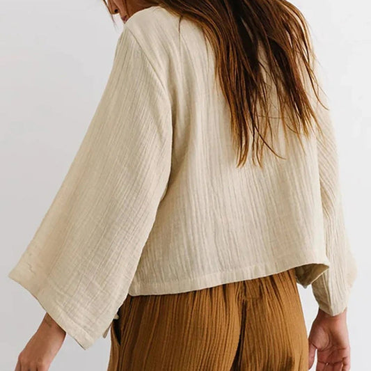 Cotton V-Neck Relaxed Yoga Shirt | Natural Texture & Everyday Flow