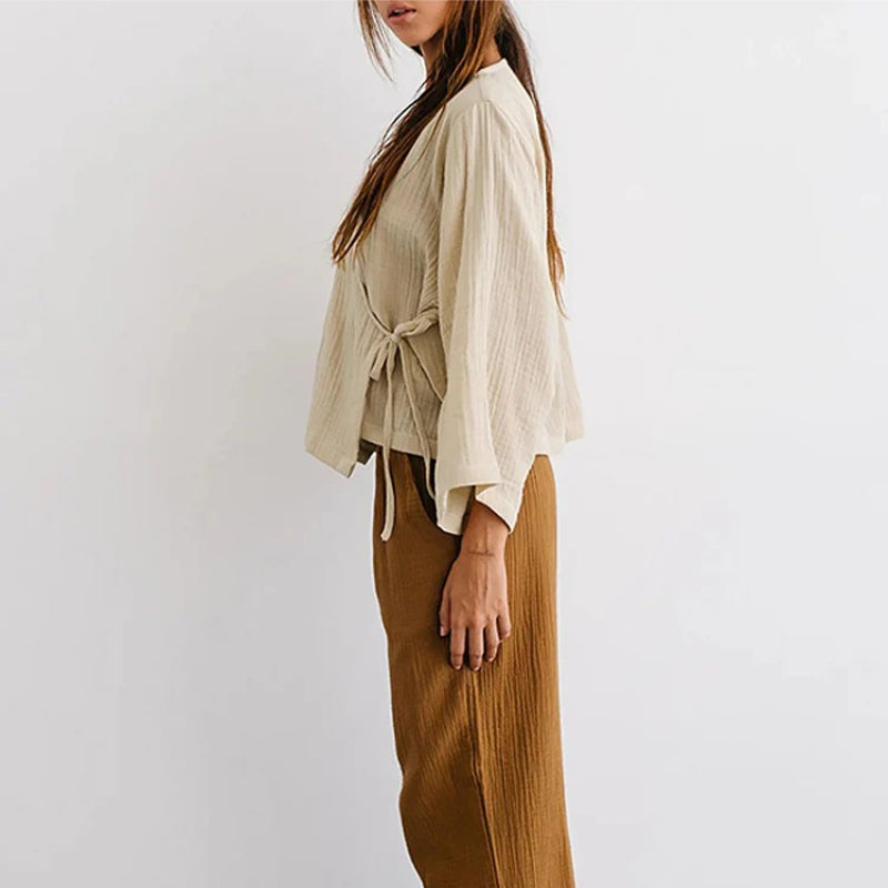Cotton V-Neck Relaxed Yoga Shirt | Natural Texture & Everyday Flow