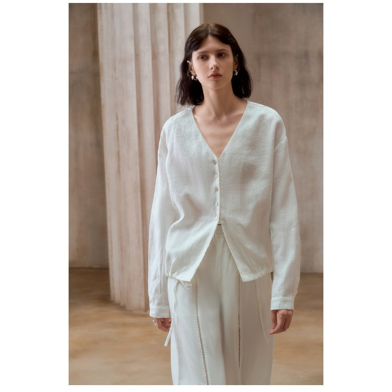 Linen V-Neck Relaxed Yoga Shirt | Natural Texture & Everyday Flow