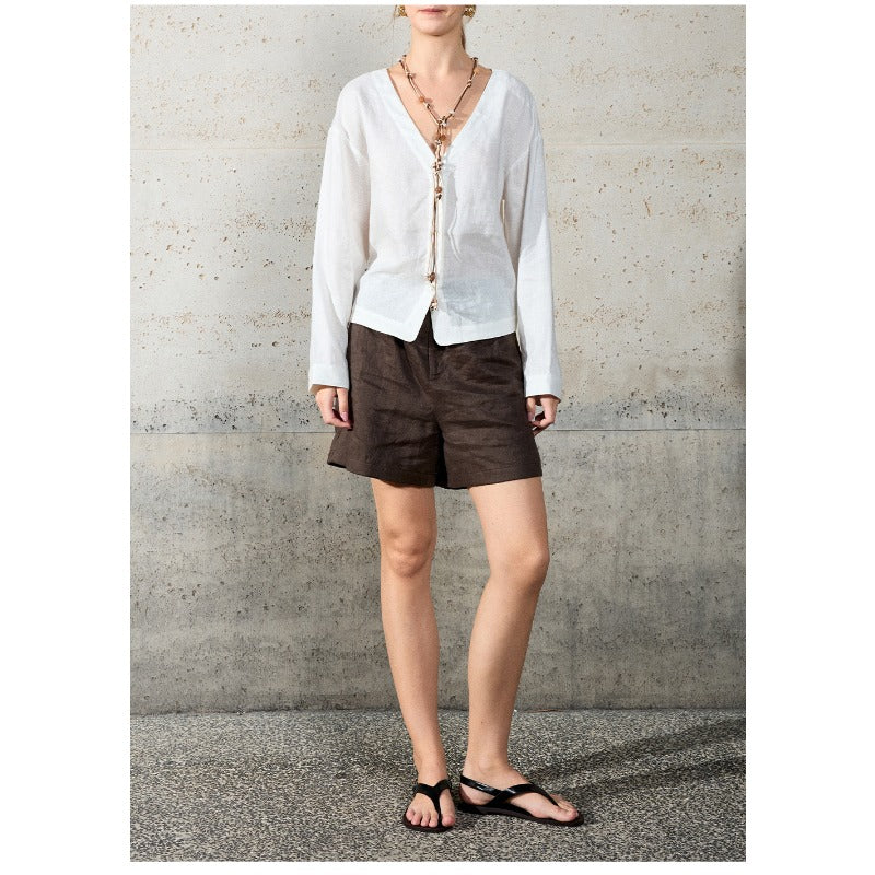 Linen V-Neck Relaxed Yoga Shirt | Natural Texture & Everyday Flow