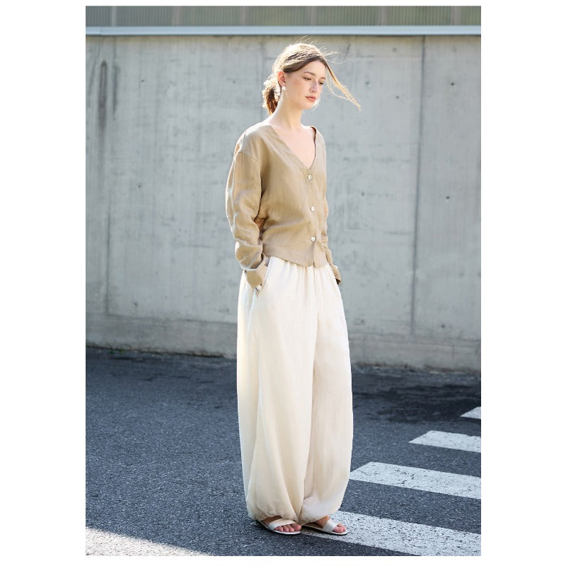 Linen V-Neck Relaxed Yoga Shirt | Natural Texture & Everyday Flow