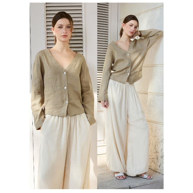 Linen V-Neck Relaxed Yoga Shirt | Natural Texture & Everyday Flow