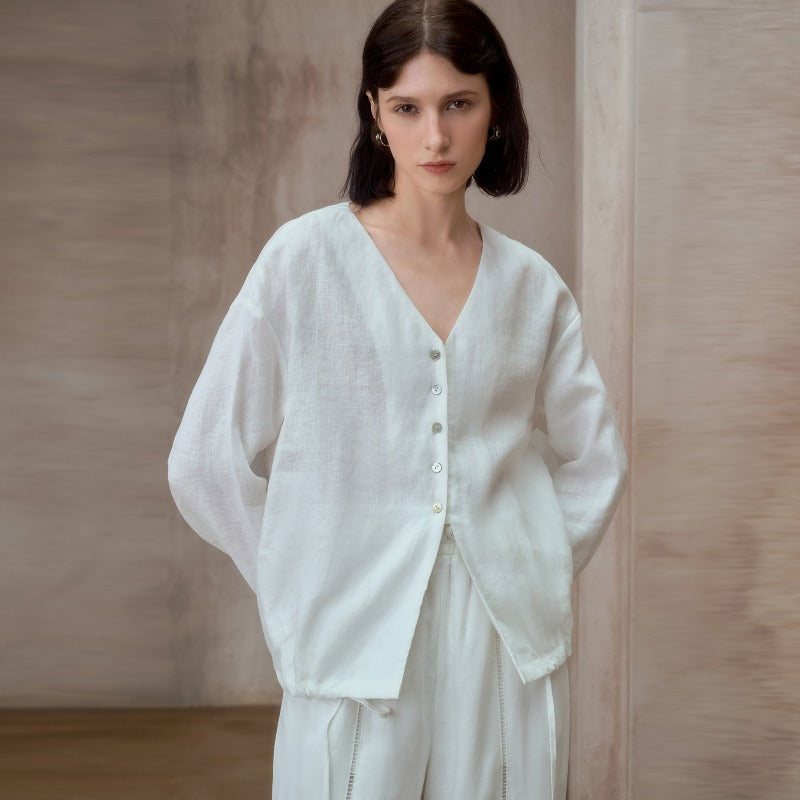 Linen V-Neck Relaxed Yoga Shirt | Natural Texture & Everyday Flow