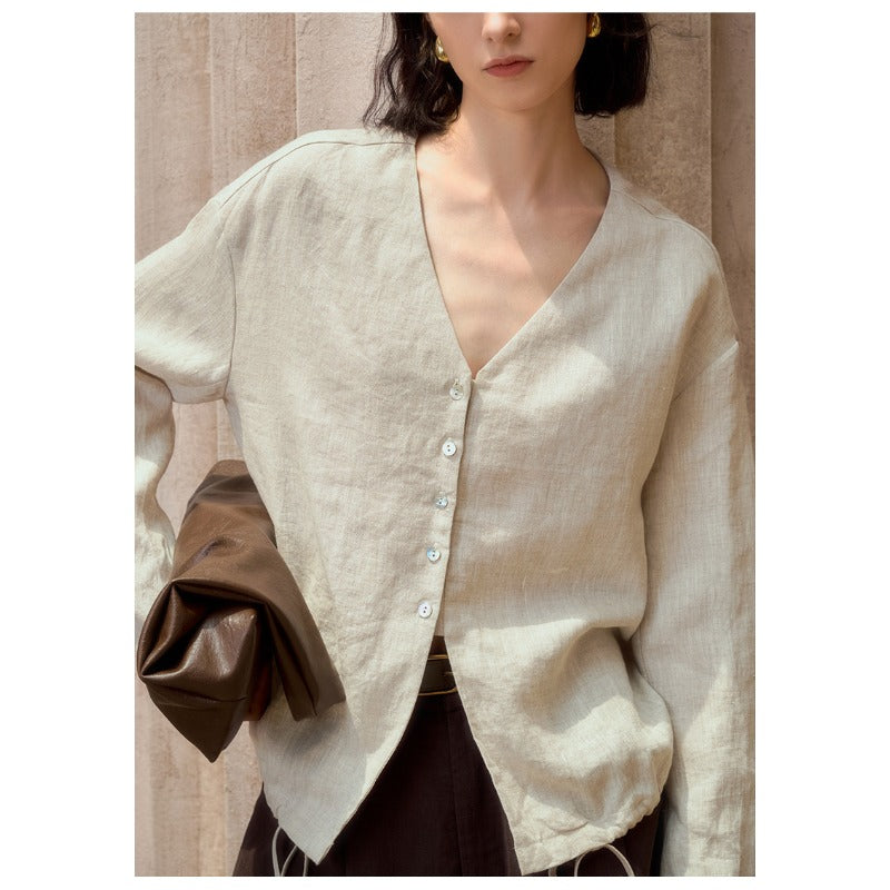Linen V-Neck Relaxed Yoga Shirt | Natural Texture & Everyday Flow