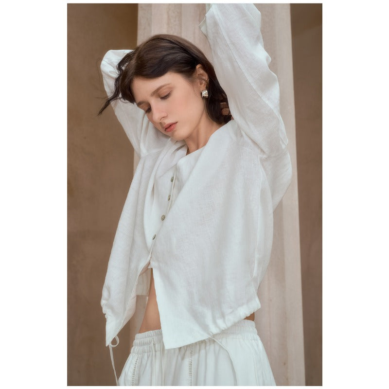 Linen V-Neck Relaxed Yoga Shirt | Natural Texture & Everyday Flow