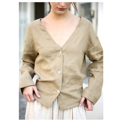 Linen V-Neck Relaxed Yoga Shirt | Natural Texture & Everyday Flow