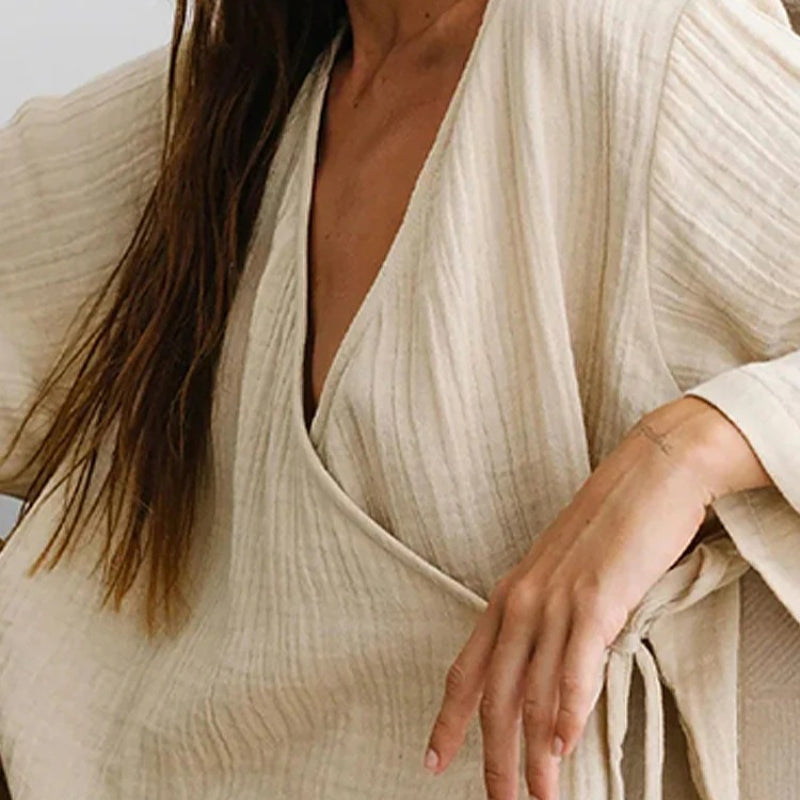 Cotton V-Neck Relaxed Yoga Shirt | Natural Texture & Everyday Flow