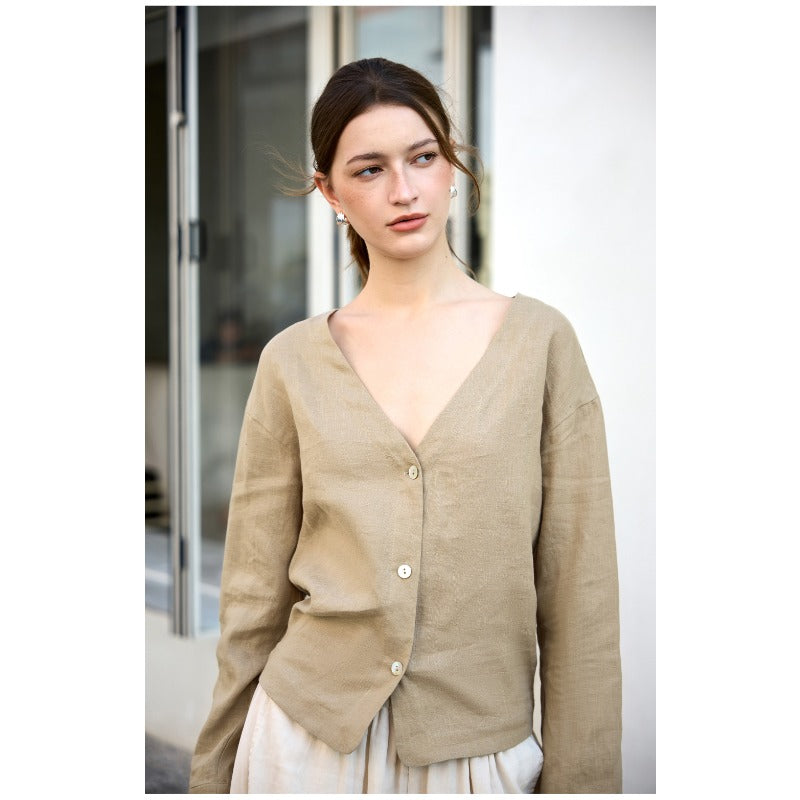 Linen V-Neck Relaxed Yoga Shirt | Natural Texture & Everyday Flow