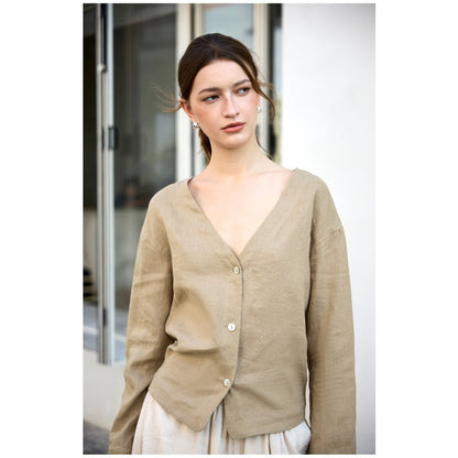 Linen V-Neck Relaxed Yoga Shirt | Natural Texture & Everyday Flow
