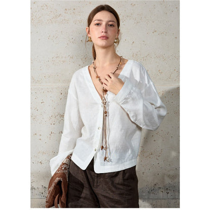 Linen V-Neck Relaxed Yoga Shirt | Natural Texture & Everyday Flow
