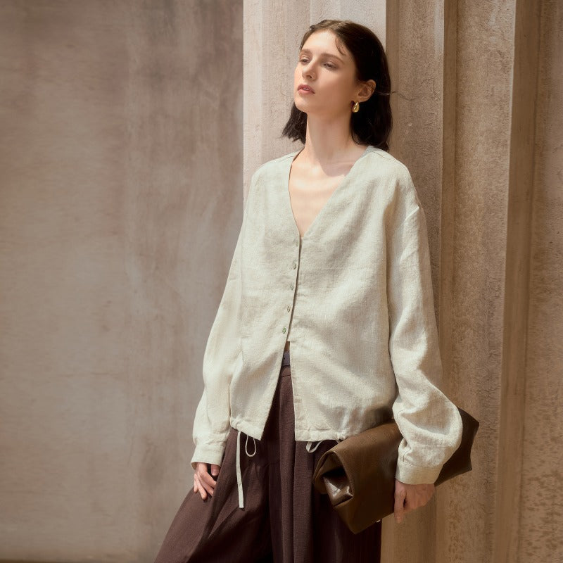 Linen V-Neck Relaxed Yoga Shirt | Natural Texture & Everyday Flow