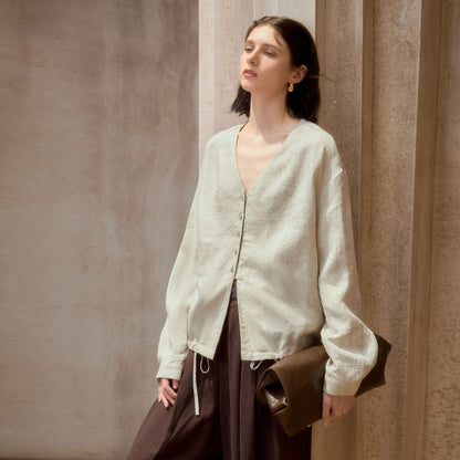Linen V-Neck Relaxed Yoga Shirt | Natural Texture & Everyday Flow
