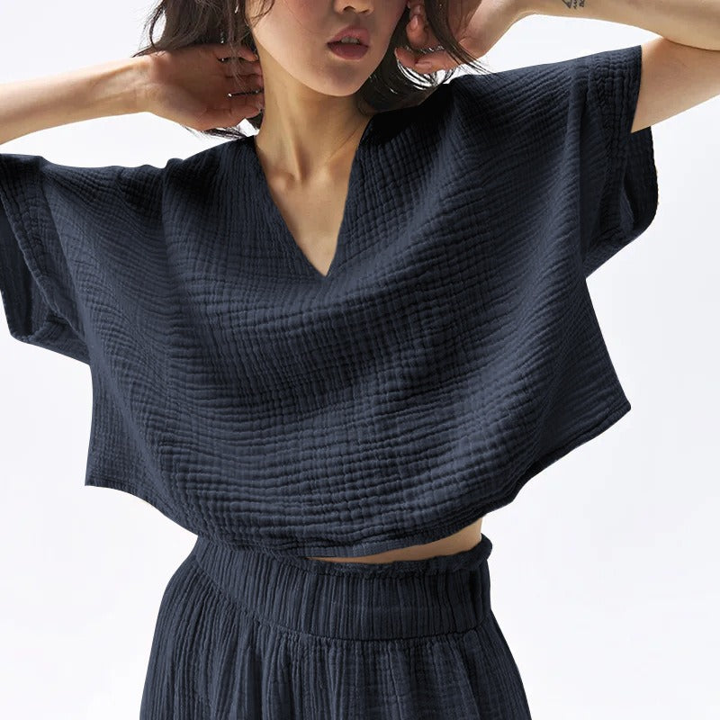 Cotton V-Neck Relaxed Yoga Shirt | Natural Texture & Everyday Flow