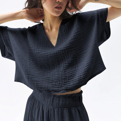Cotton V-Neck Relaxed Yoga Shirt | Natural Texture & Everyday Flow