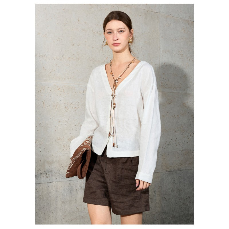 Linen V-Neck Relaxed Yoga Shirt | Natural Texture & Everyday Flow