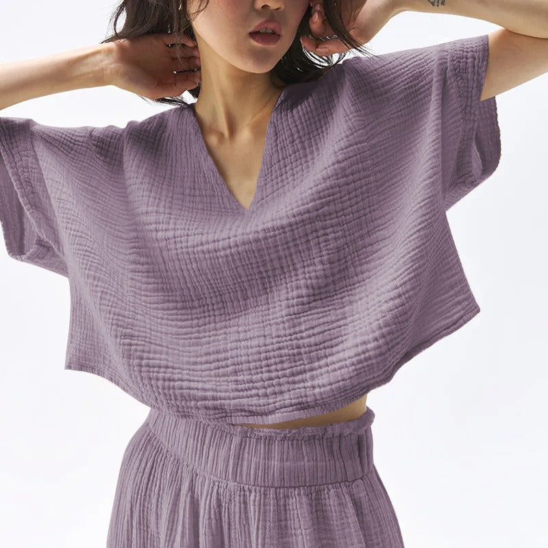 Cotton V-Neck Relaxed Yoga Shirt | Natural Texture & Everyday Flow