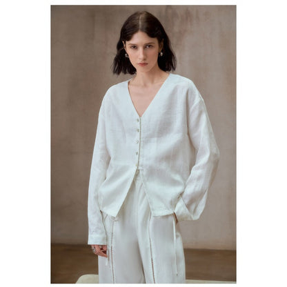 Linen V-Neck Relaxed Yoga Shirt | Natural Texture & Everyday Flow