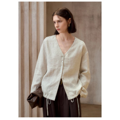 Linen V-Neck Relaxed Yoga Shirt | Natural Texture & Everyday Flow