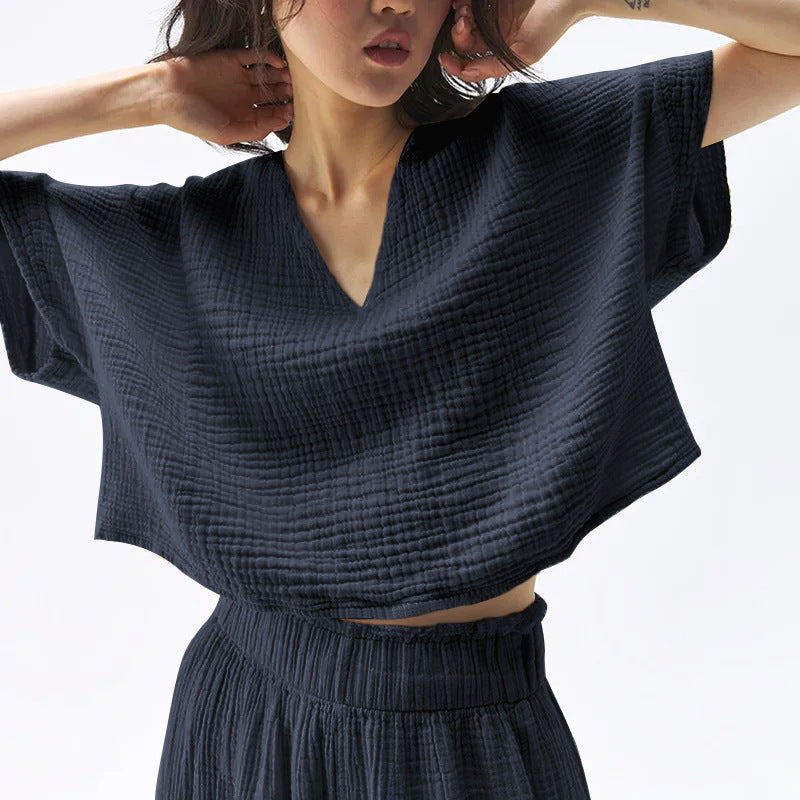 Cotton V-Neck Relaxed Yoga Shirt | Natural Texture & Everyday Flow