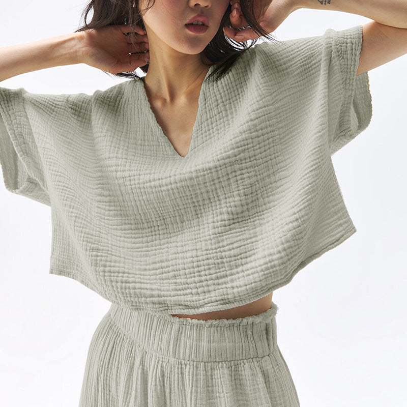 Cotton V-Neck Relaxed Yoga Shirt | Natural Texture & Everyday Flow