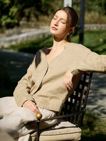 Linen V-Neck Relaxed Yoga Shirt | Natural Texture & Everyday Flow