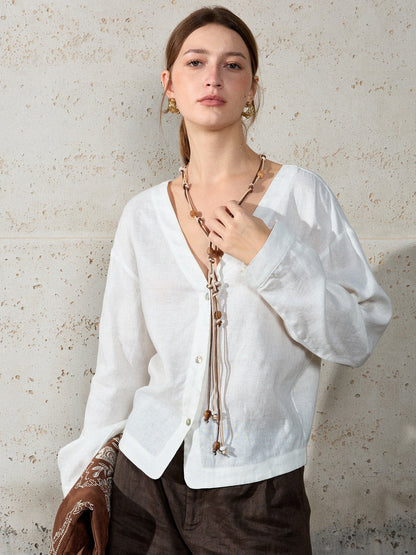 Linen V-Neck Relaxed Yoga Shirt | Natural Texture & Everyday Flow