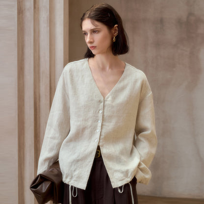 Linen V-Neck Relaxed Yoga Shirt | Natural Texture & Everyday Flow