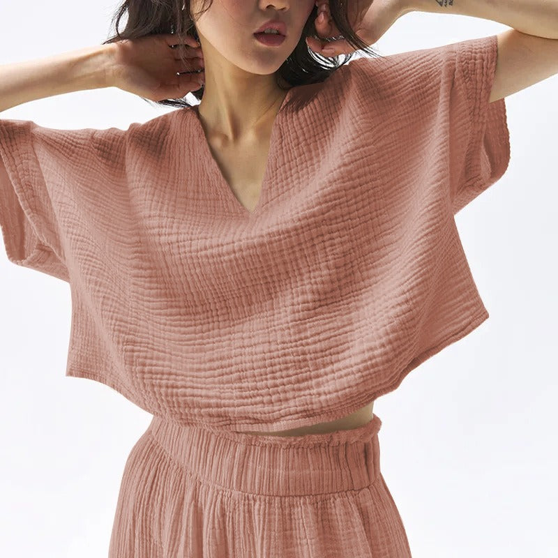 Cotton V-Neck Relaxed Yoga Shirt | Natural Texture & Everyday Flow