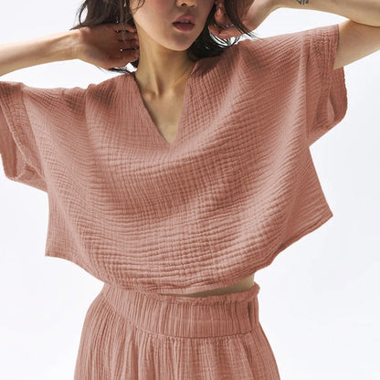 Cotton V-Neck Relaxed Yoga Shirt | Natural Texture & Everyday Flow
