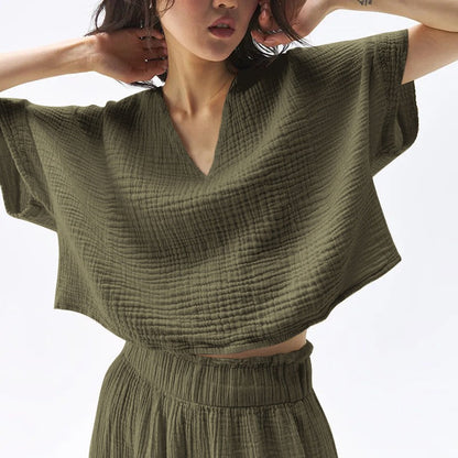 Cotton V-Neck Relaxed Yoga Shirt | Natural Texture & Everyday Flow