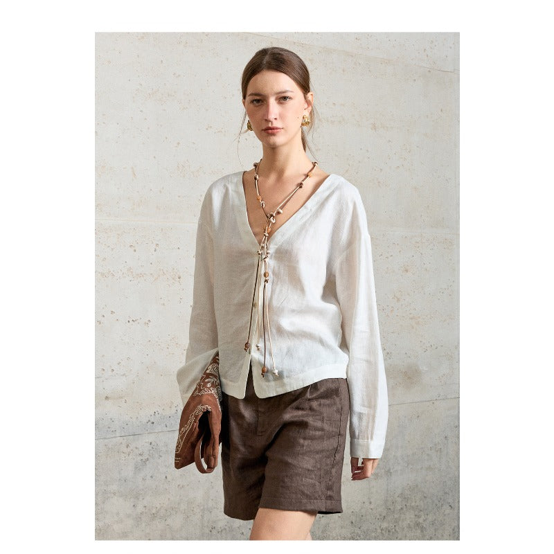 Linen V-Neck Relaxed Yoga Shirt | Natural Texture & Everyday Flow