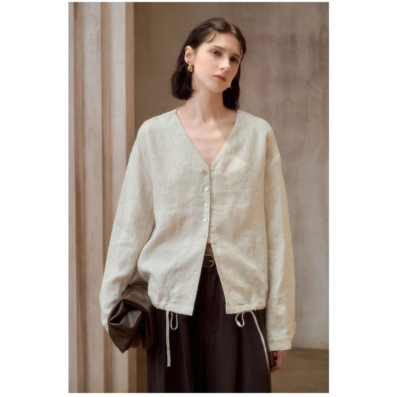 Linen V-Neck Relaxed Yoga Shirt | Natural Texture & Everyday Flow