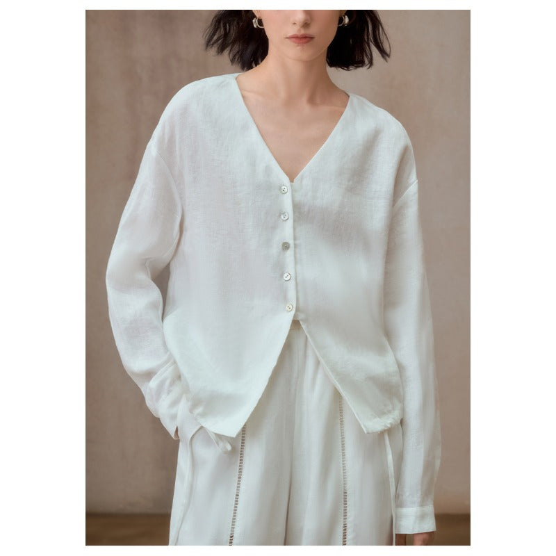 Linen V-Neck Relaxed Yoga Shirt | Natural Texture & Everyday Flow