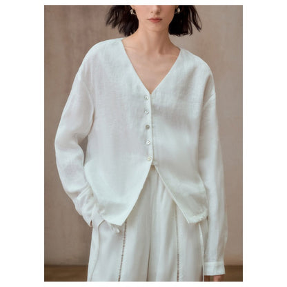 Linen V-Neck Relaxed Yoga Shirt | Natural Texture & Everyday Flow